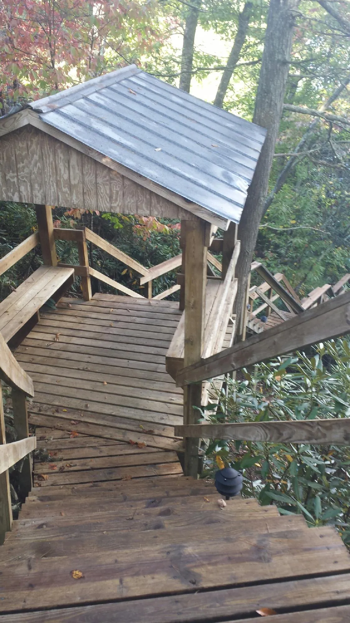 Metal roofed shelter over wooden steps on a wooded walkway — Skylight Repair & Installation work by our crew in Wesley